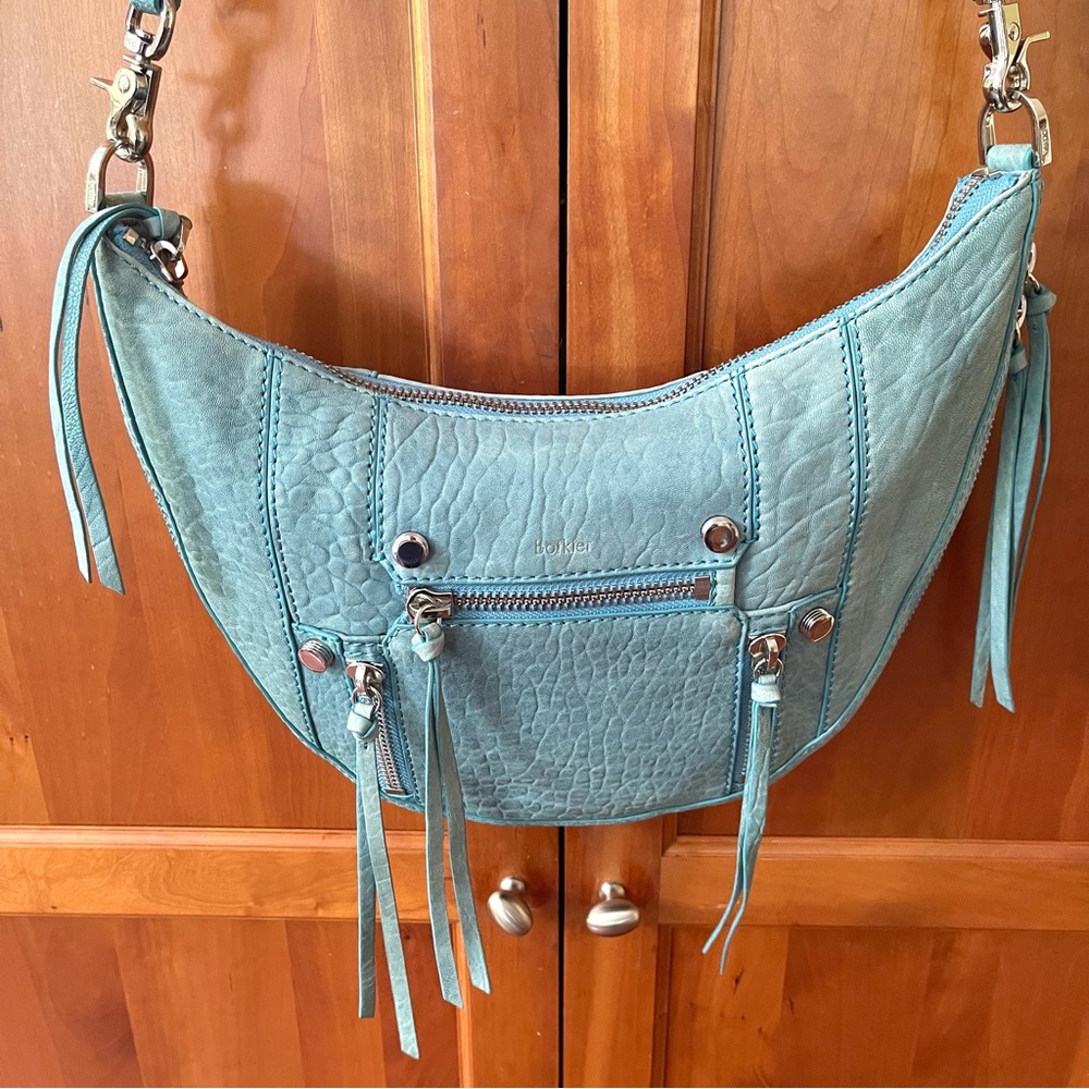 Botkier Croc Embossed Leather Crossbody Bag With Tassels In Light Blue Color - Picture 4 of 10